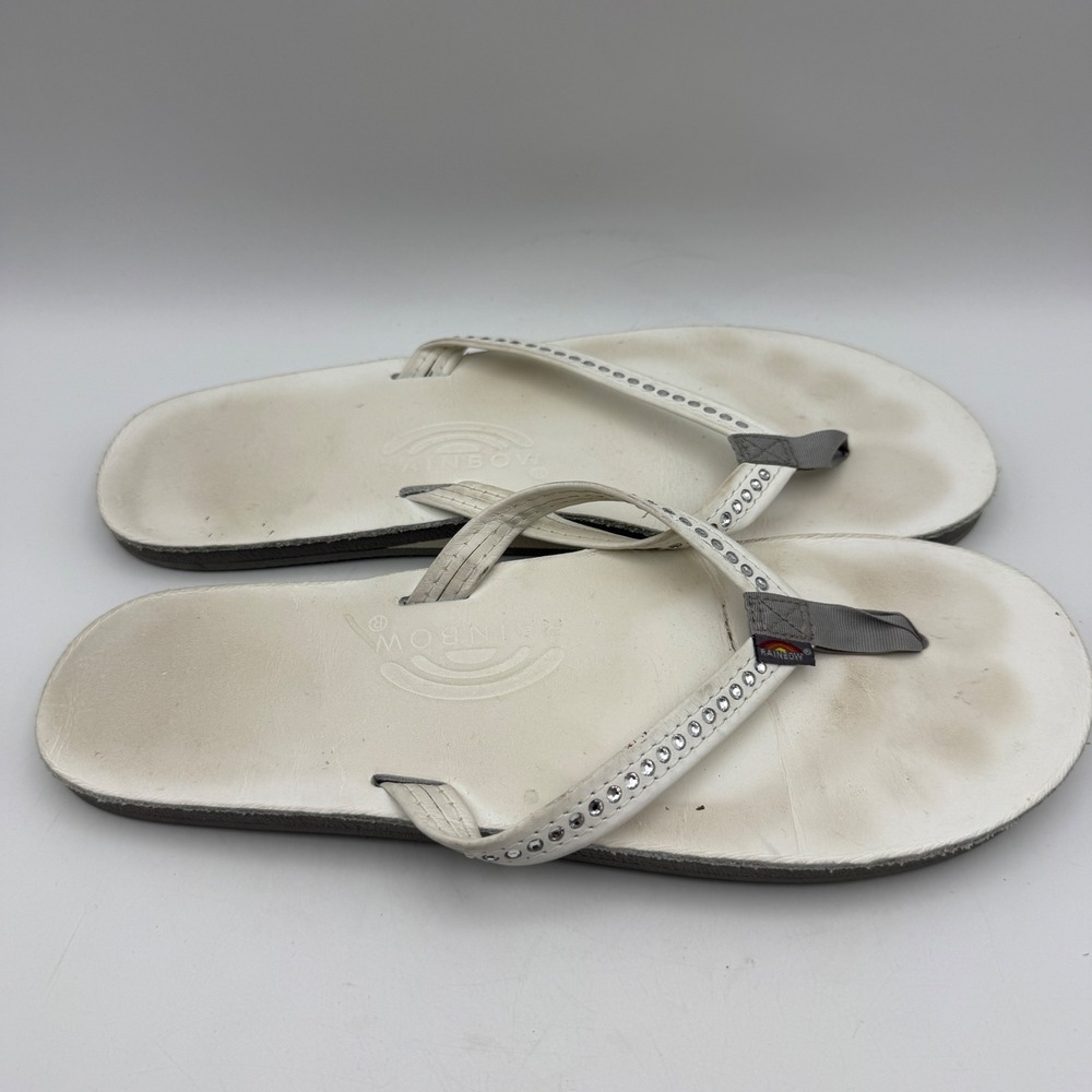 Rainbow Sandals Flip Flops Womens 10 White Crystal Rhinestone Leather Thong - Picture 3 of 7